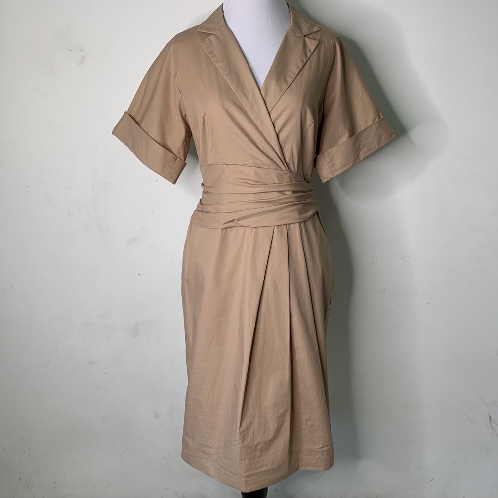 Escada Women's Pleated Wrap Tan Brown Short Sleeve Sheath Dress Size 34 DR 4 US